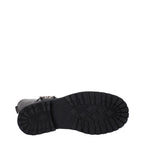 Off-White black leather flat boots with sleek design, rounded toe, and minimal detailing, perfect for casual or stylish footwear.