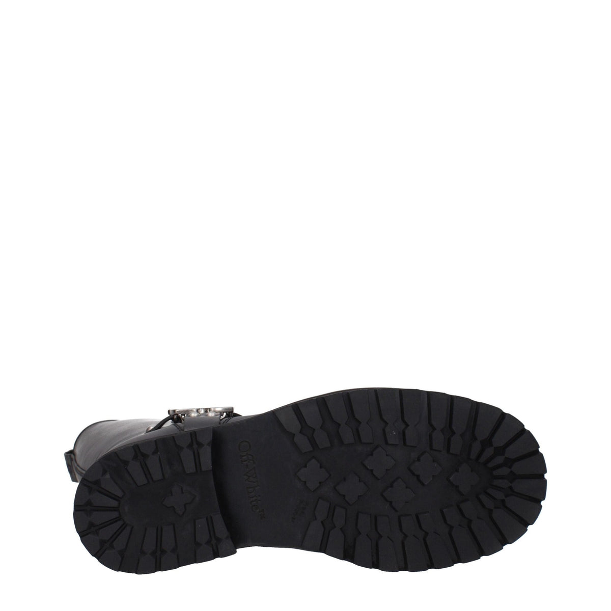Off-White black leather flat boots with sleek design, rounded toe, and minimal detailing, perfect for casual or stylish footwear.