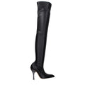 Off-White black leather over-the-knee boots with sleek design and pointed toes, showcasing high-quality craftsmanship and modern style.