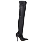 Off-White black leather over-the-knee boots with sleek design and pointed toes, showcasing high-quality craftsmanship and modern style.