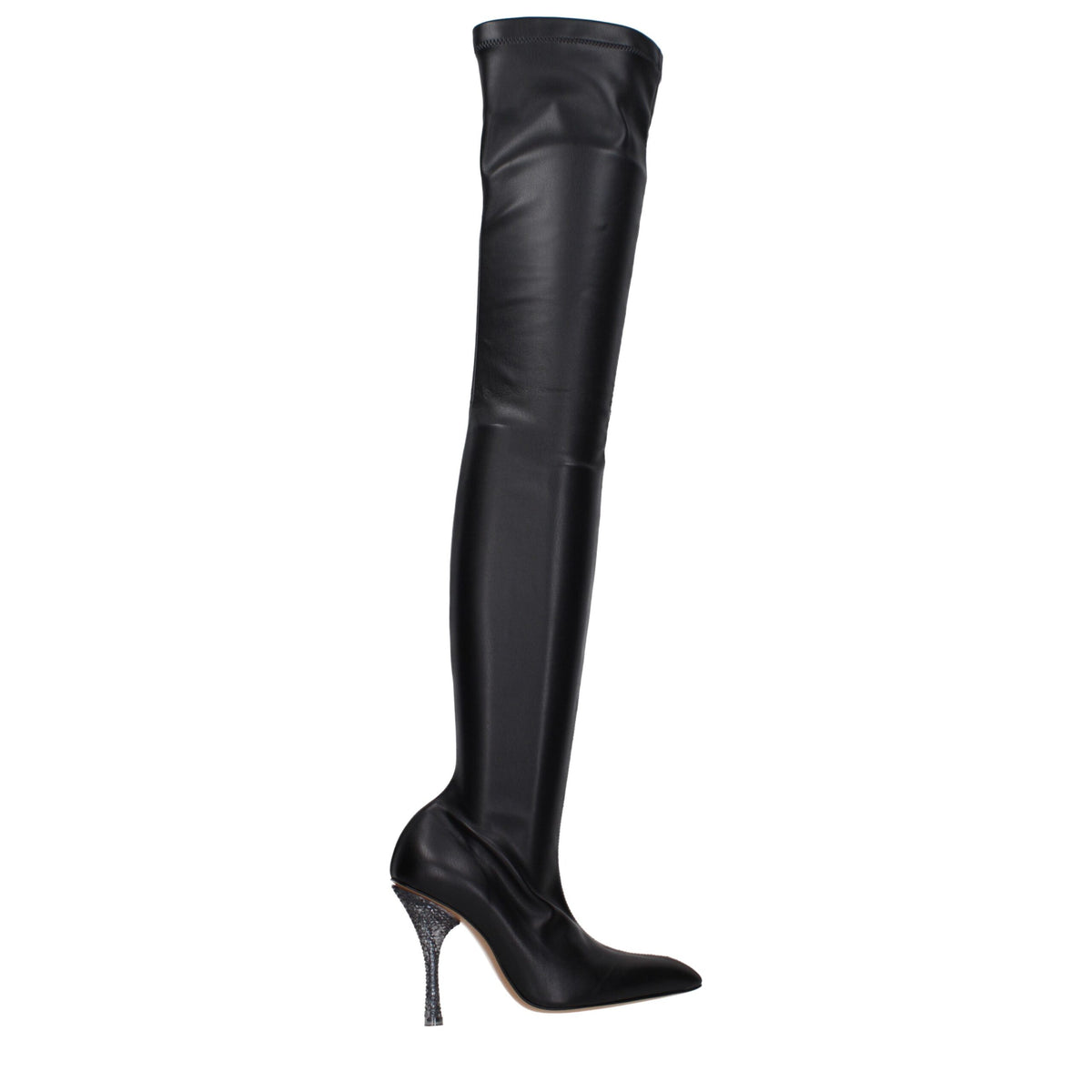 Off-White black leather over-the-knee boots with sleek design and pointed toes, showcasing high-quality craftsmanship and modern style.