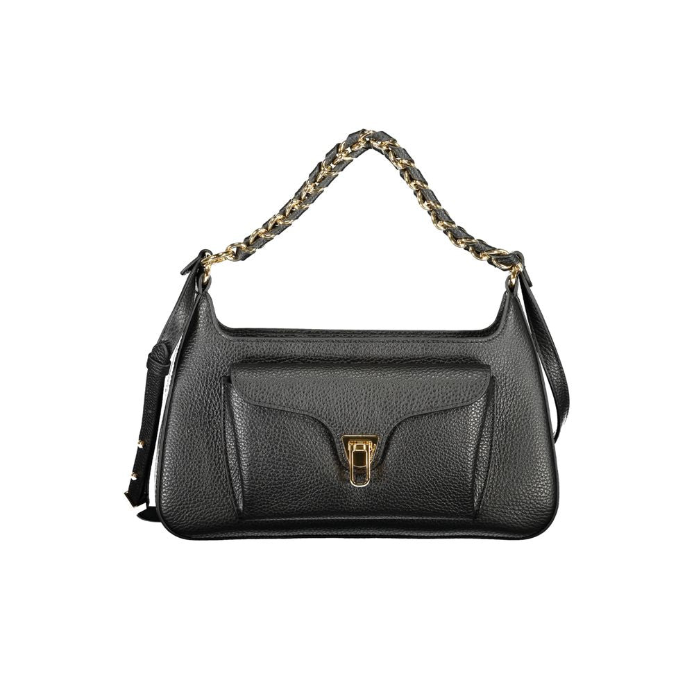 Coccinelle Nero leather women's handbag with sleek design and double handles, showcasing elegant craftsmanship.