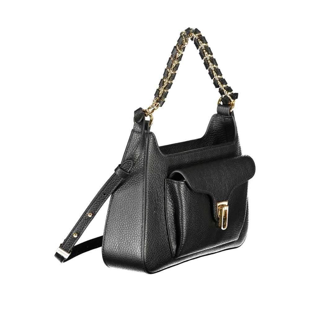 Black leather Coccinelle women's handbag with sleek design and silver hardware, featuring a top handle and spacious interior.