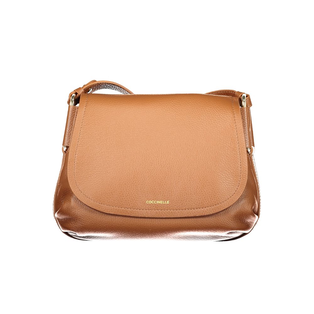 Brown leather Coccinelle women's handbag with dual top handles and sleek design, perfect for stylish everyday use.