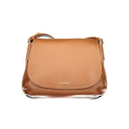 Brown leather Coccinelle women's handbag with dual top handles and sleek design, perfect for stylish everyday use.