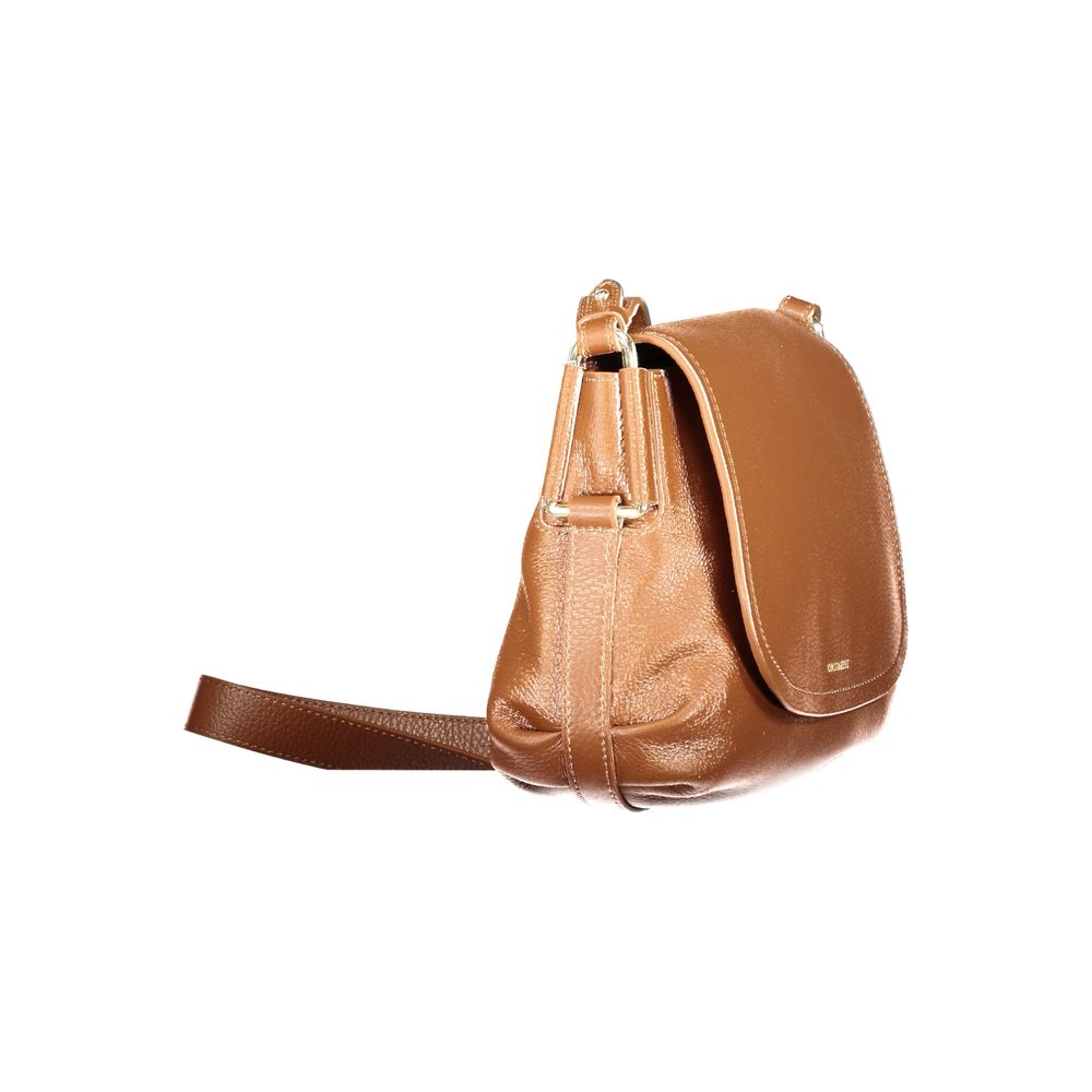 Brown leather Coccinelle women's handbag with sleek design and gold-tone hardware, featuring top handle and spacious interior.
