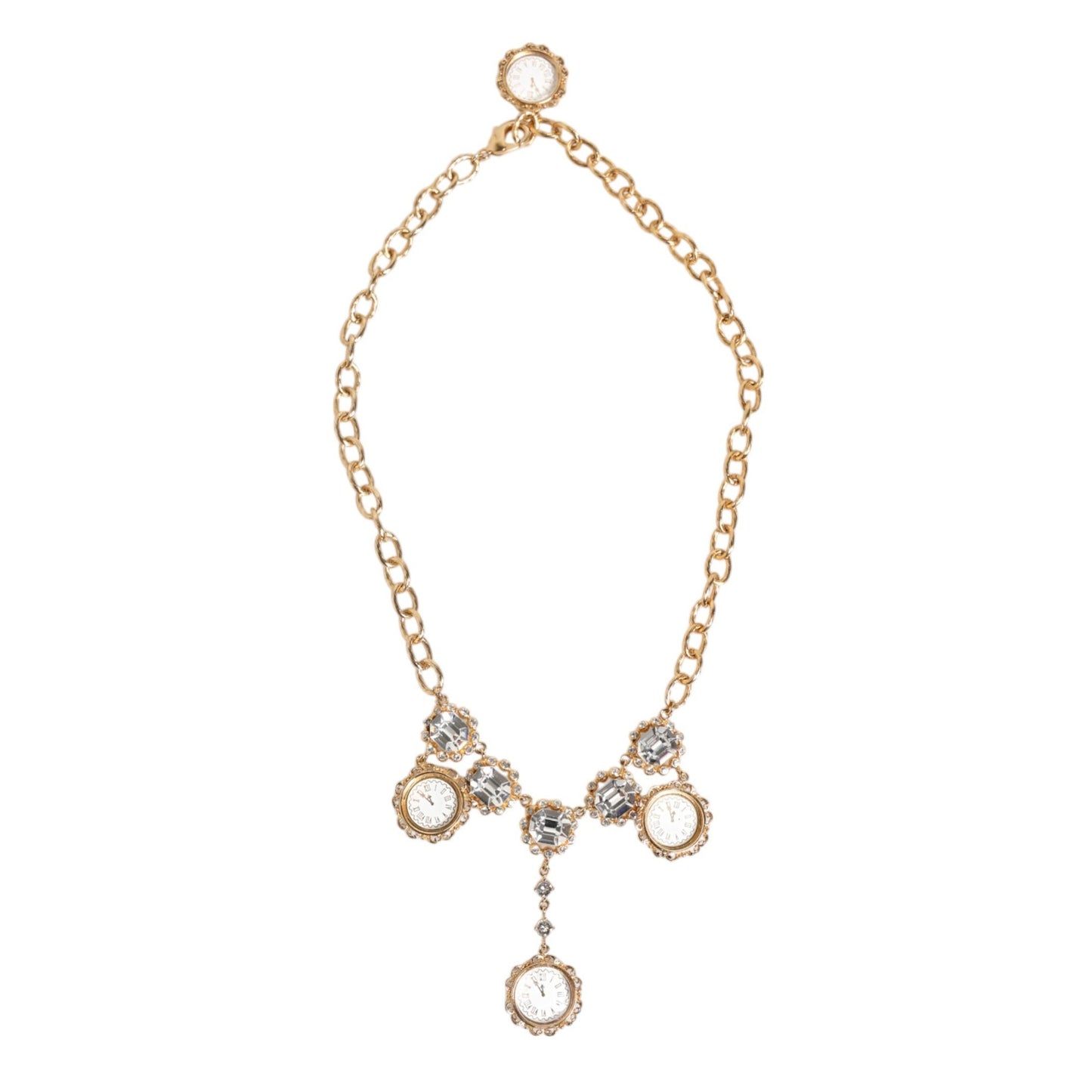 Dolce & Gabbana Gold Crystal Clock Pendant Statement Jewelry Necklace