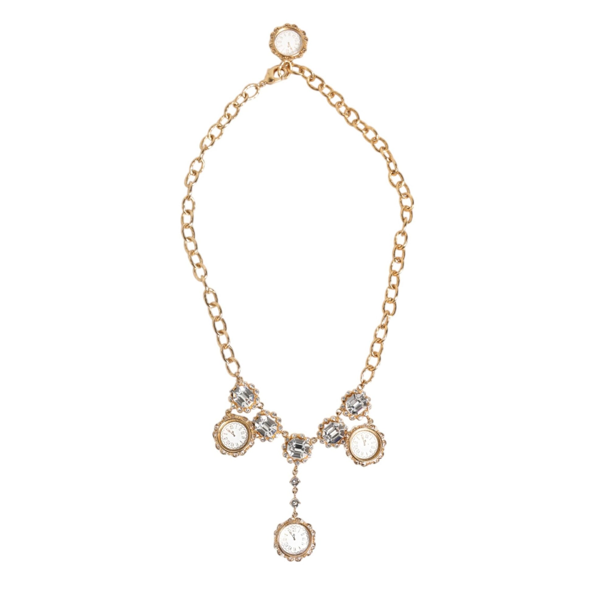 Dolce & Gabbana Gold Crystal Clock Pendant Statement Jewelry Necklace