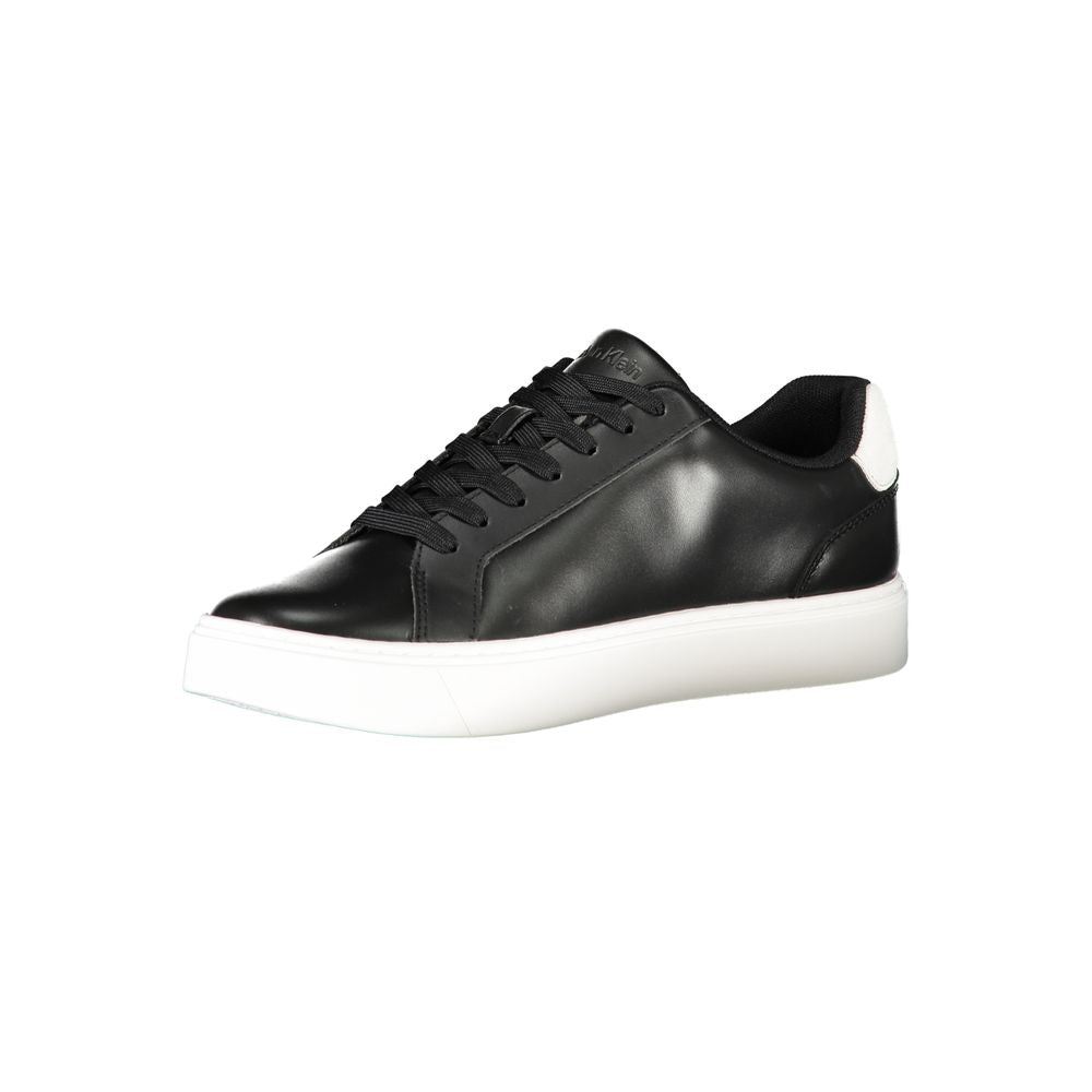 Calvin Klein black polyurethane men's sneaker with sleek design and lace-up closure, showcasing a modern athletic style.