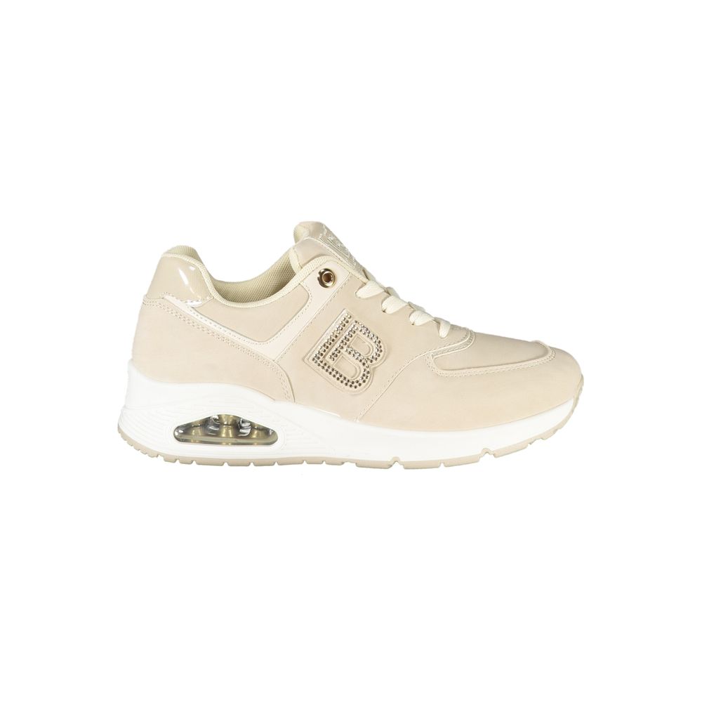 Beige Laura Biagiotti women's polyurethane sneakers with white soles and lace-up design, casual and comfortable footwear.