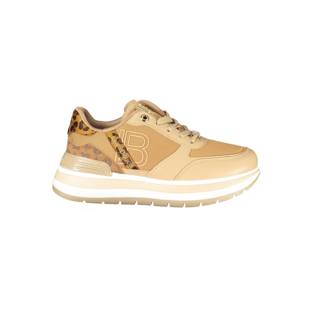 Brown Laura Biagiotti polyurethane women's sneaker with sleek design and white sole, displayed on a plain background.