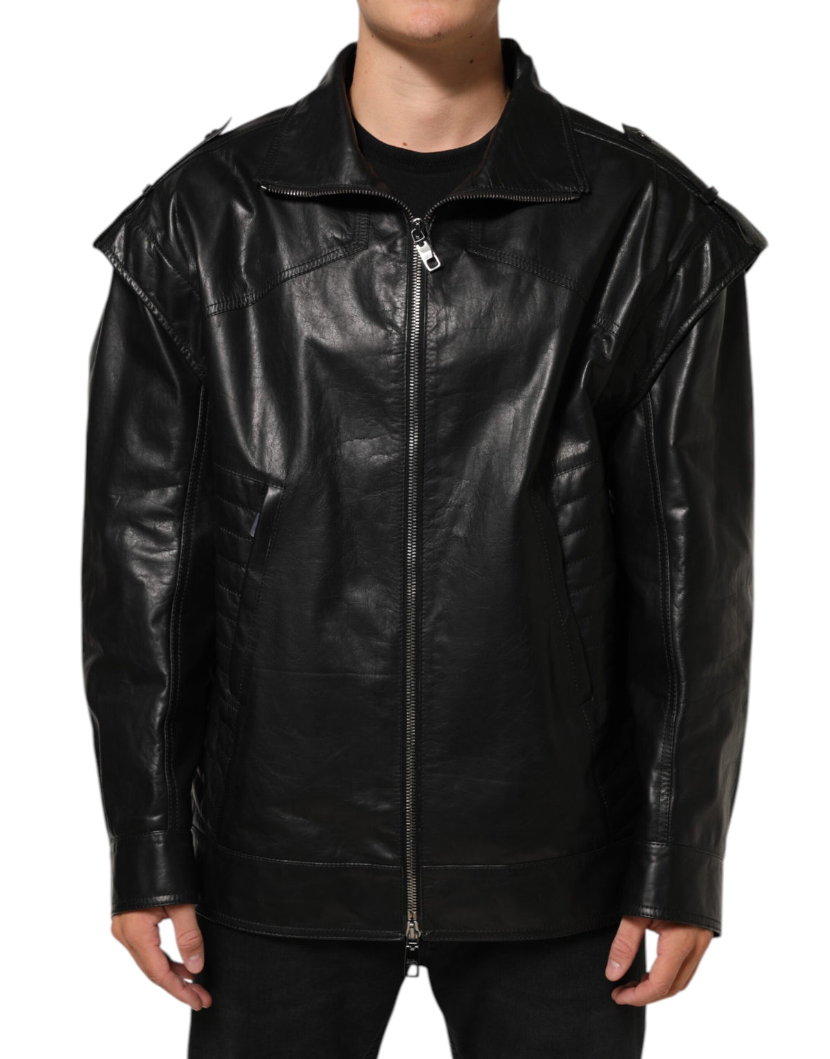 Dolce & Gabbana Black Leather Full Zip Biker Blouson Jacket - Eljoys Fashion 