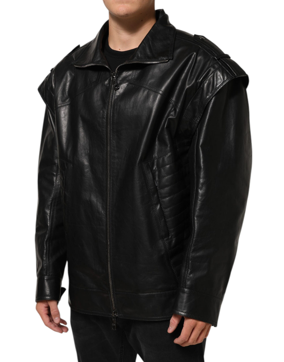 Dolce & Gabbana Black Leather Full Zip Biker Blouson Jacket - Eljoys Fashion 