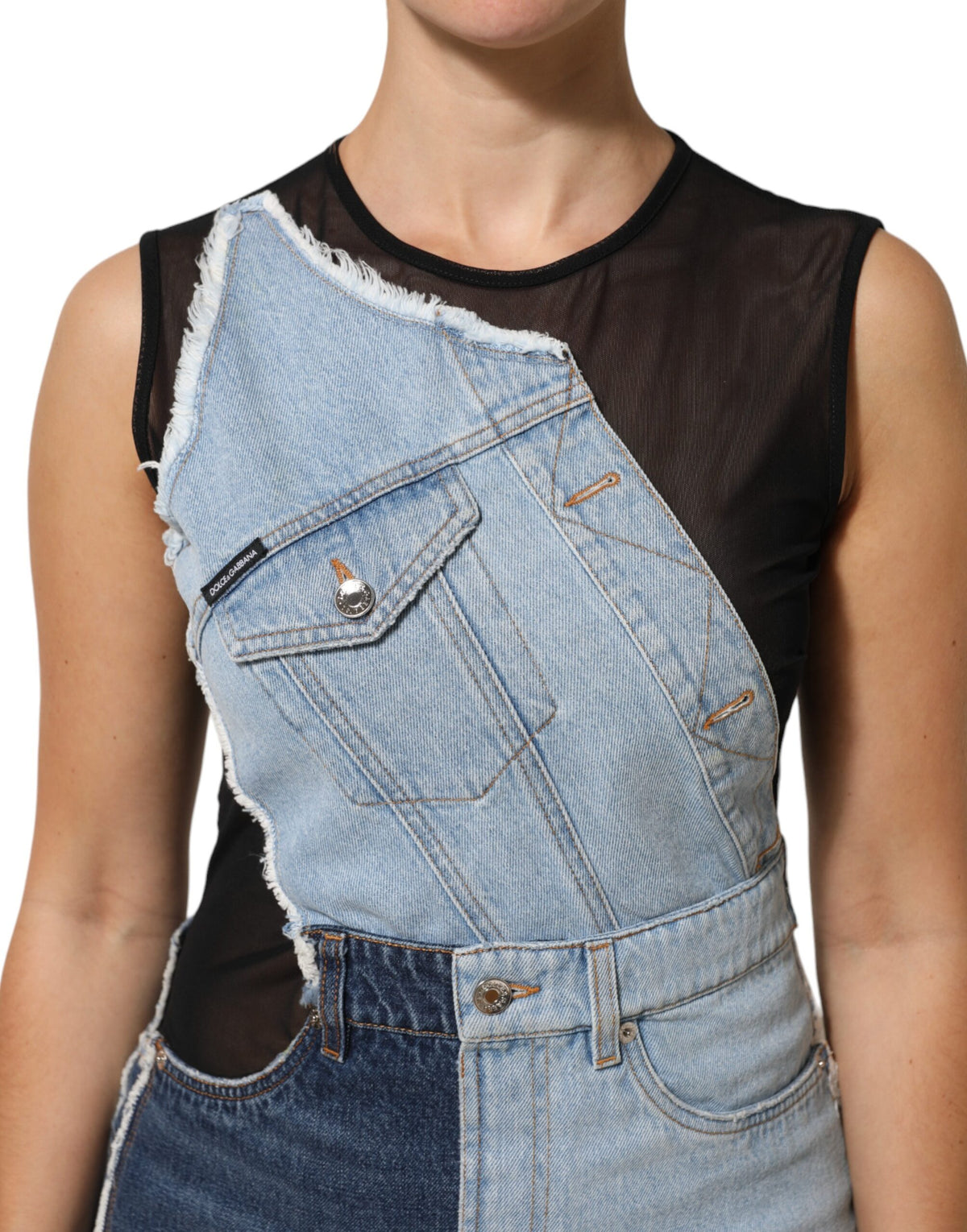 Dolce & Gabbana Blue Nylon Patchwork Denim Sheath Mini Dress - Eljoys Fashion 