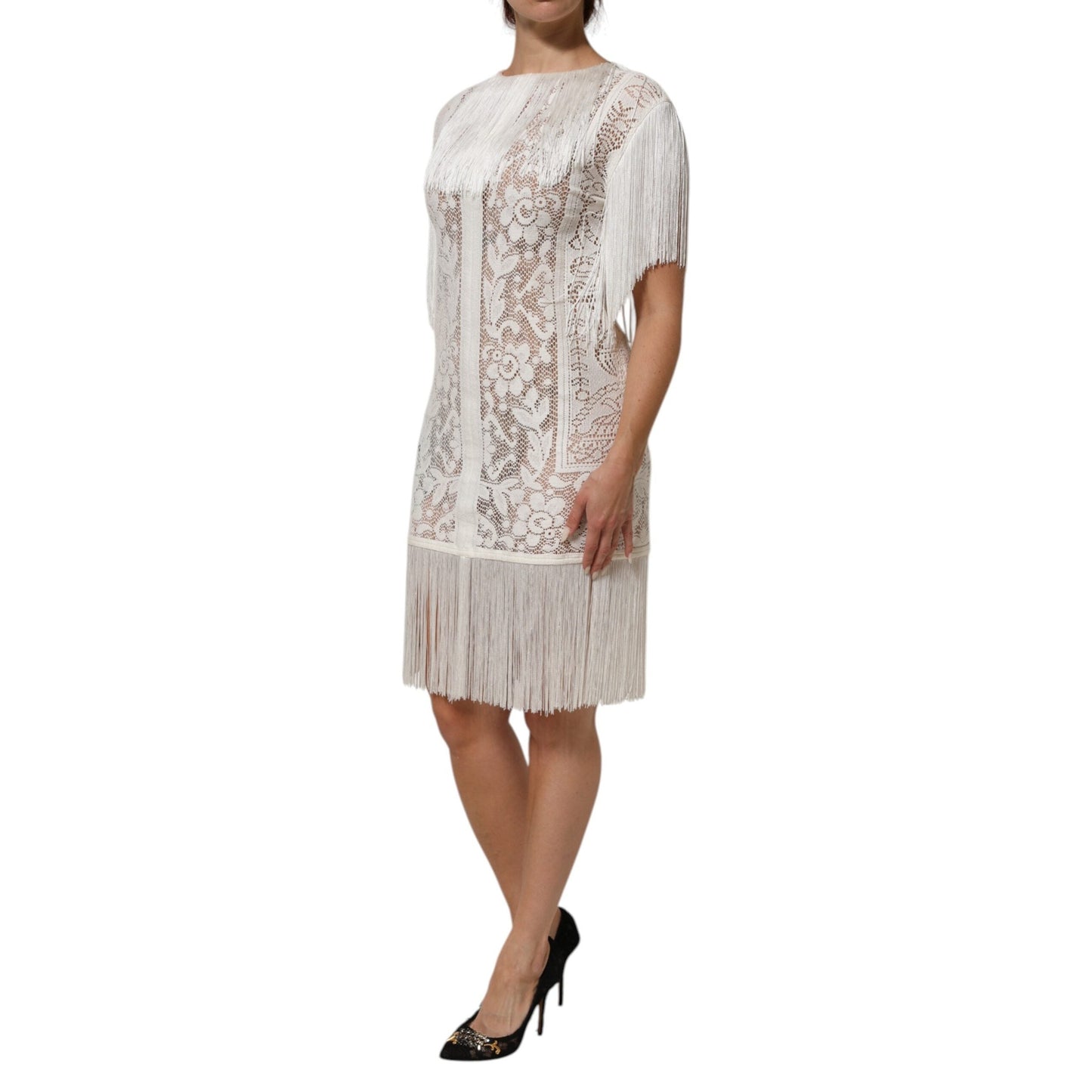 Dolce & Gabbana White Floral Lace Fringe Knee Length Dress