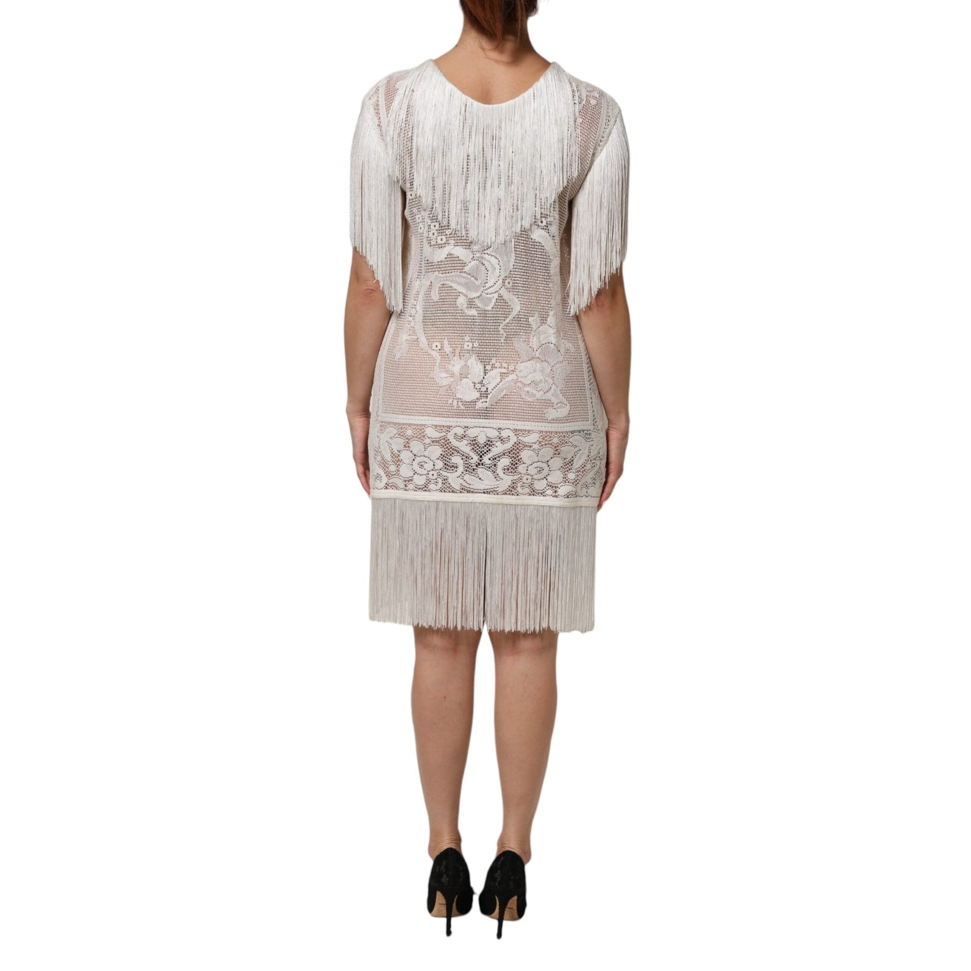 Dolce & Gabbana White Floral Lace Fringe Knee Length Dress