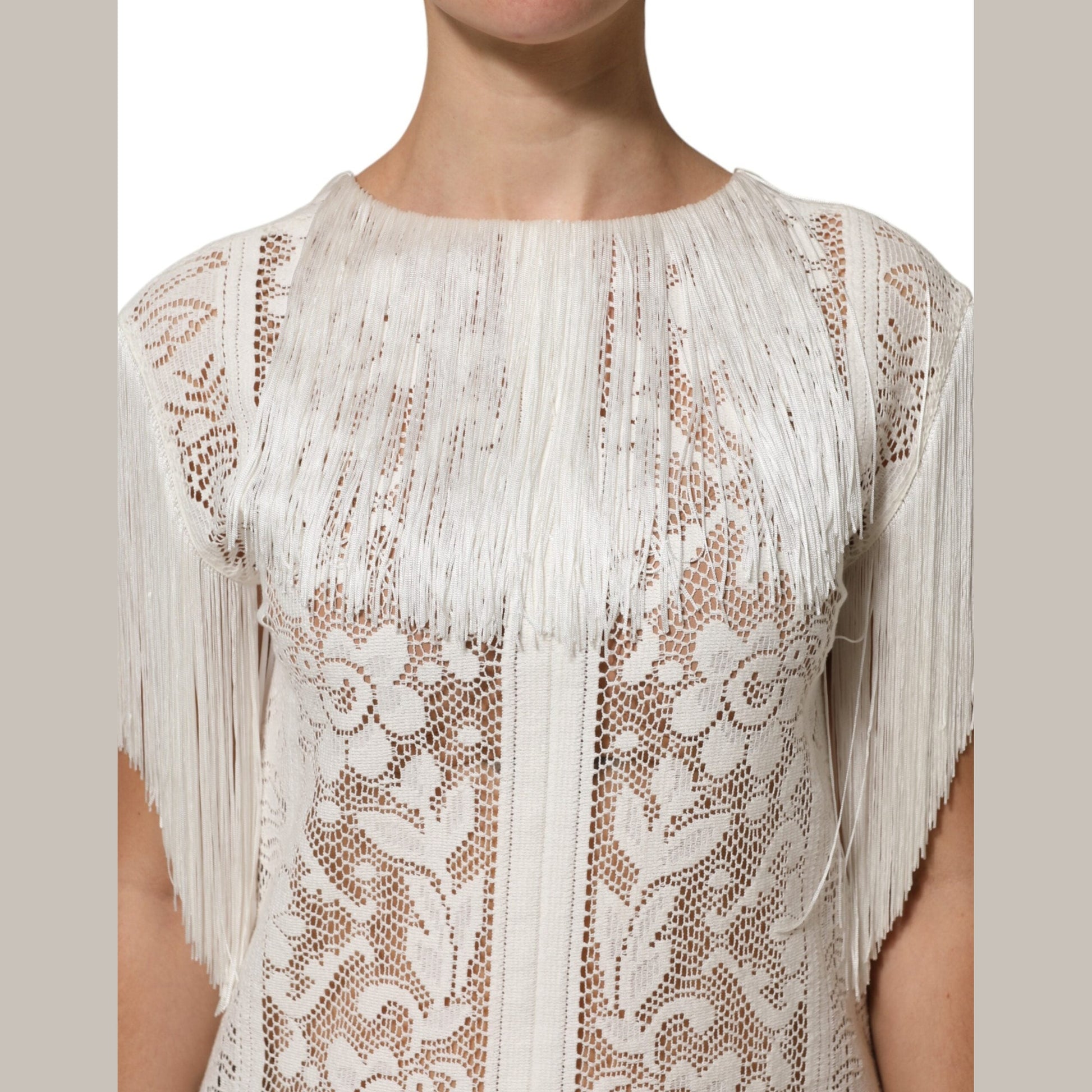 Dolce & Gabbana White Floral Lace Fringe Knee Length Dress