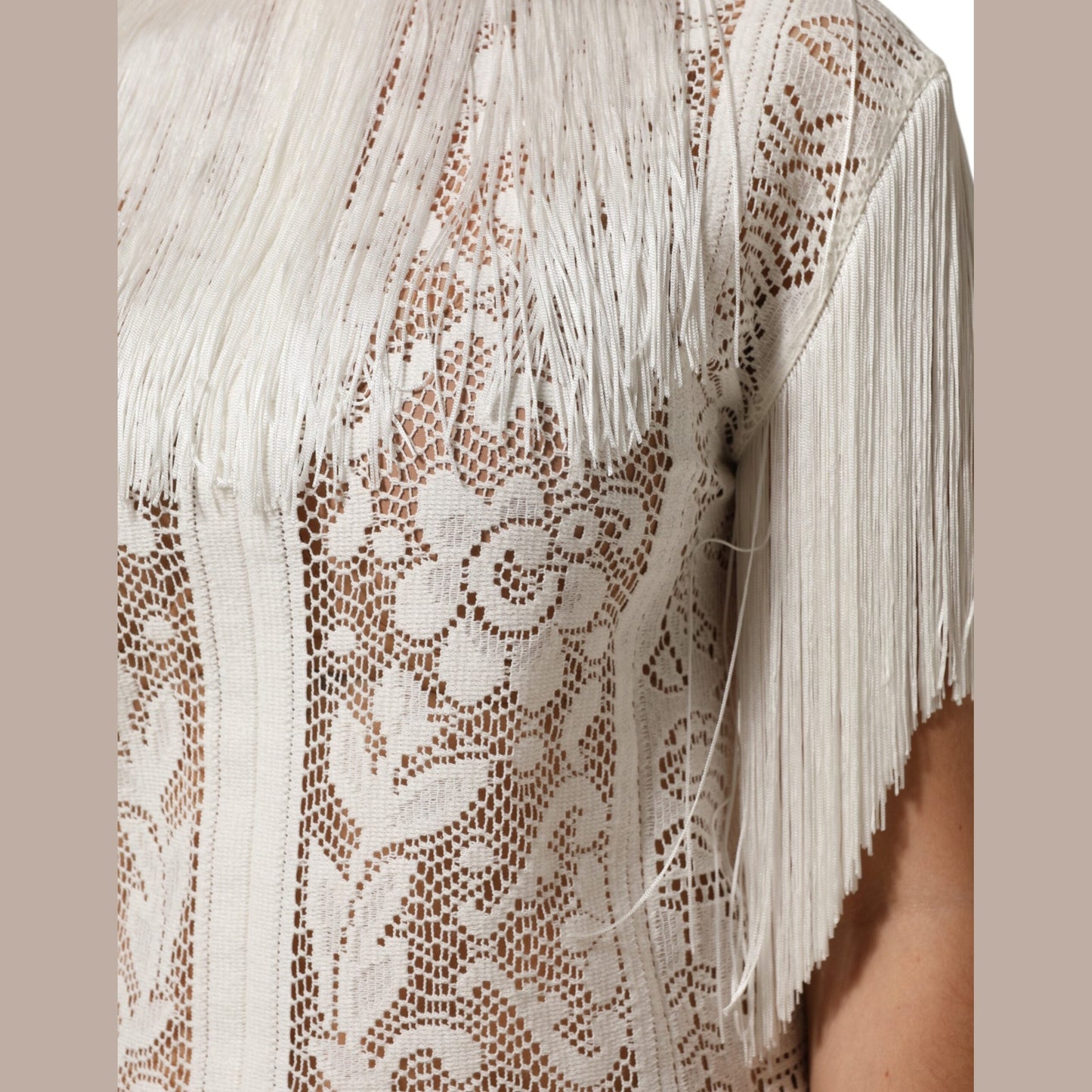 Dolce & Gabbana White Floral Lace Fringe Knee Length Dress