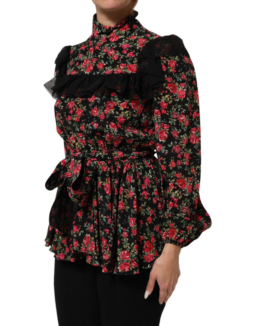 Dolce & Gabbana Black Floral Print Long Sleeve Blouse Top - Eljoys Fashion 