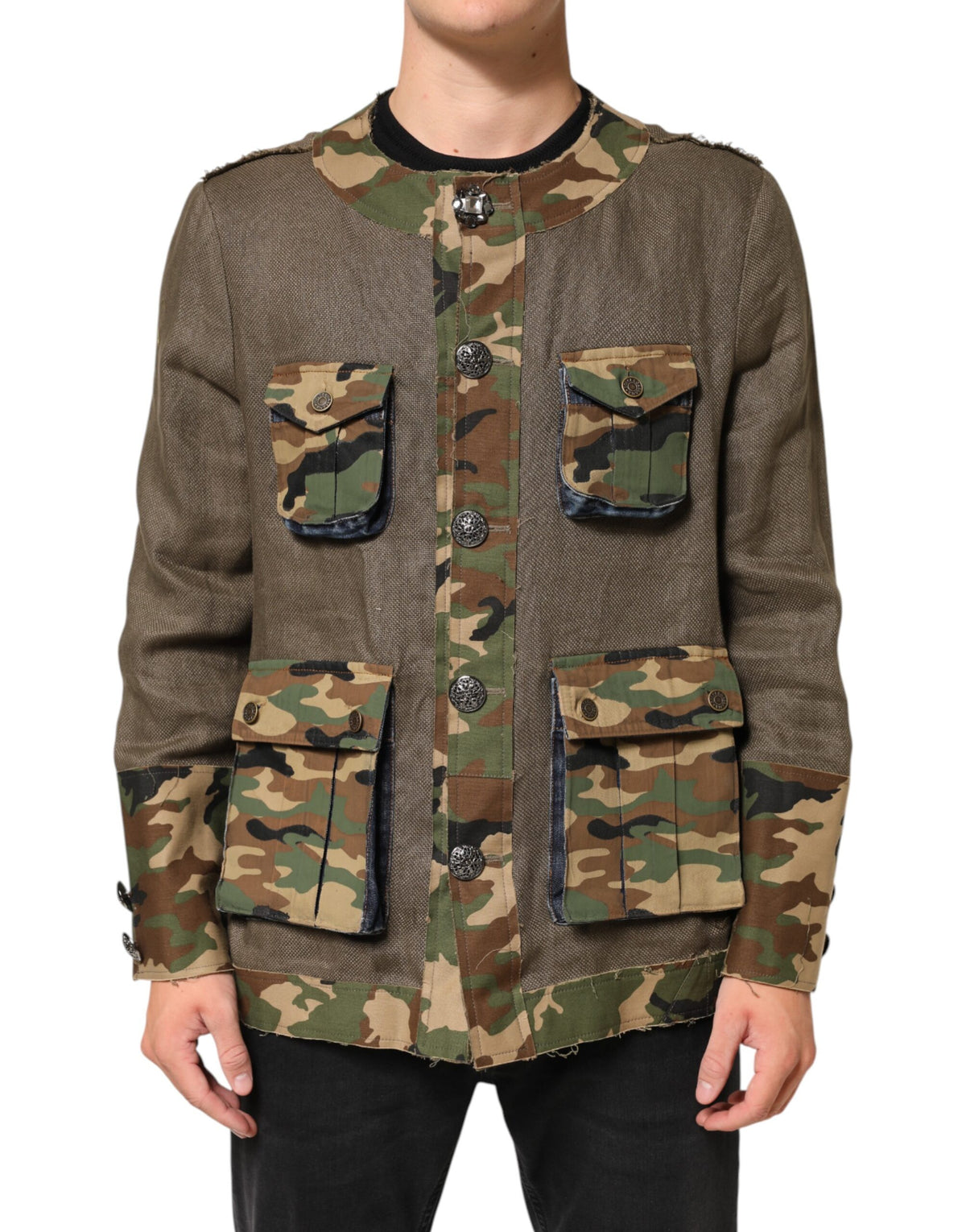Dolce & Gabbana Brown Camouflage Linen Button Down Jacket - Eljoys Fashion 