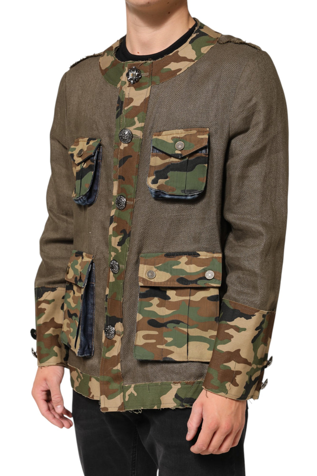 Dolce & Gabbana Brown Camouflage Linen Button Down Jacket - Eljoys Fashion 