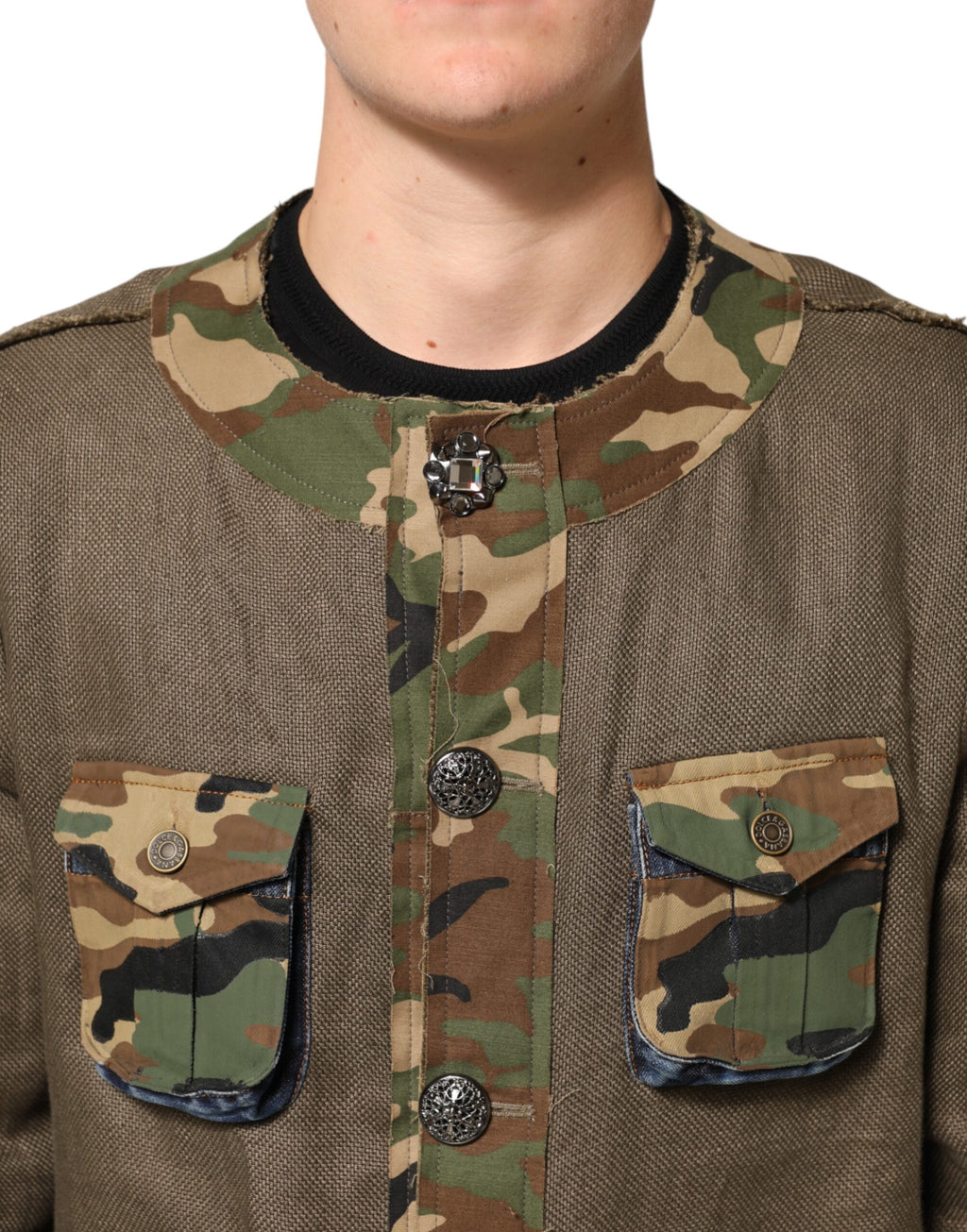Dolce & Gabbana Brown Camouflage Linen Button Down Jacket - Eljoys Fashion 