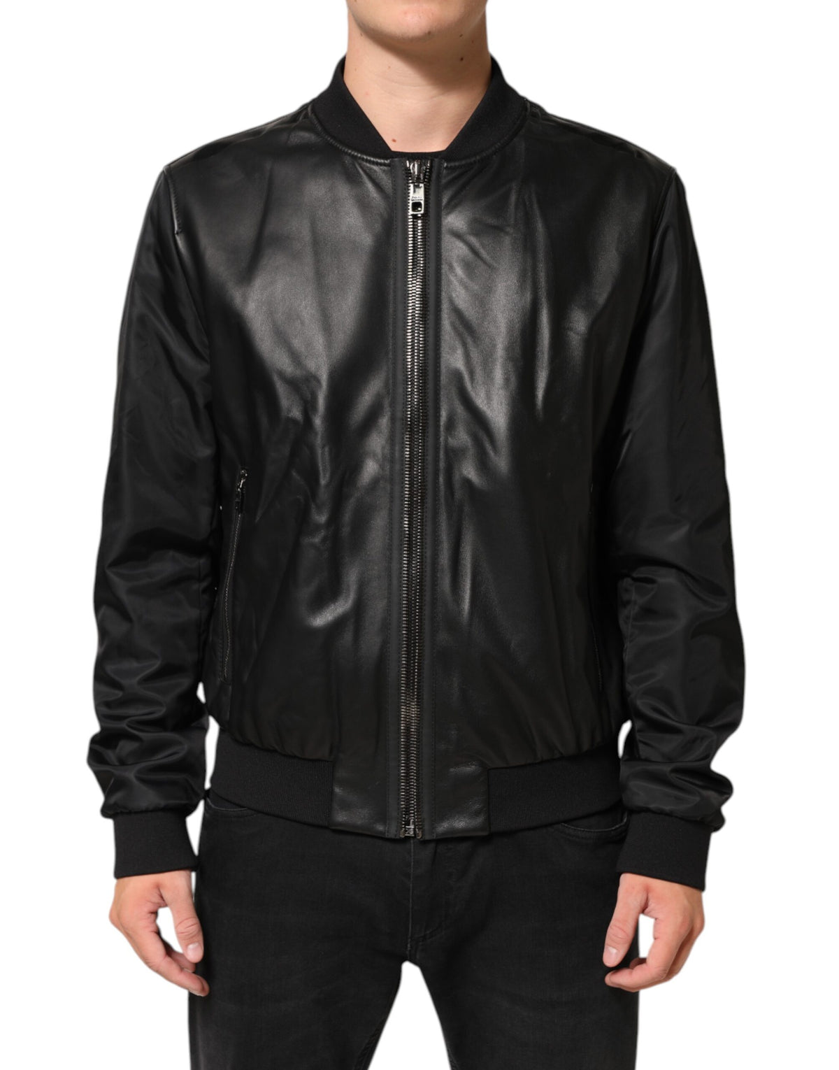 Dolce & Gabbana Black Leather Nylon FullZip Blouson Jacket - Eljoys Fashion 