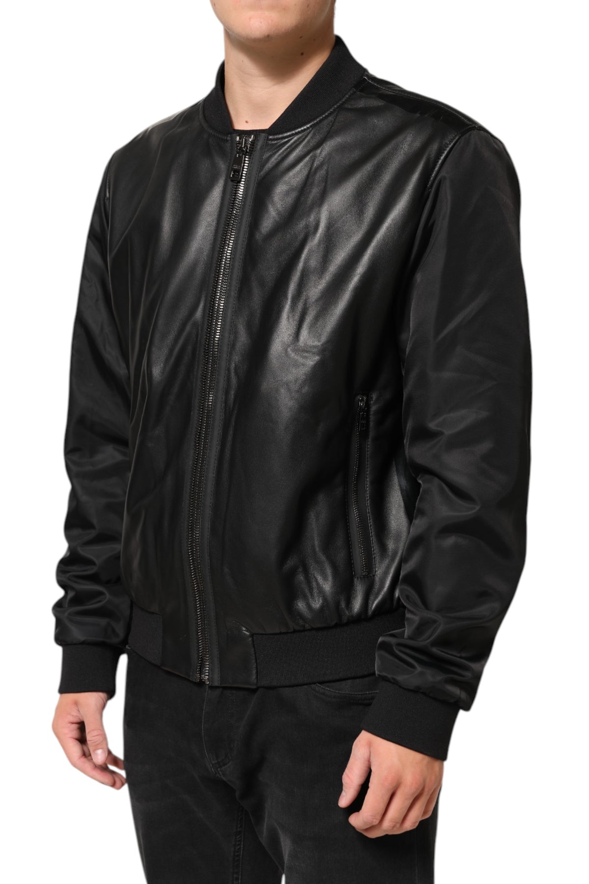 Dolce & Gabbana Black Leather Nylon FullZip Blouson Jacket - Eljoys Fashion 