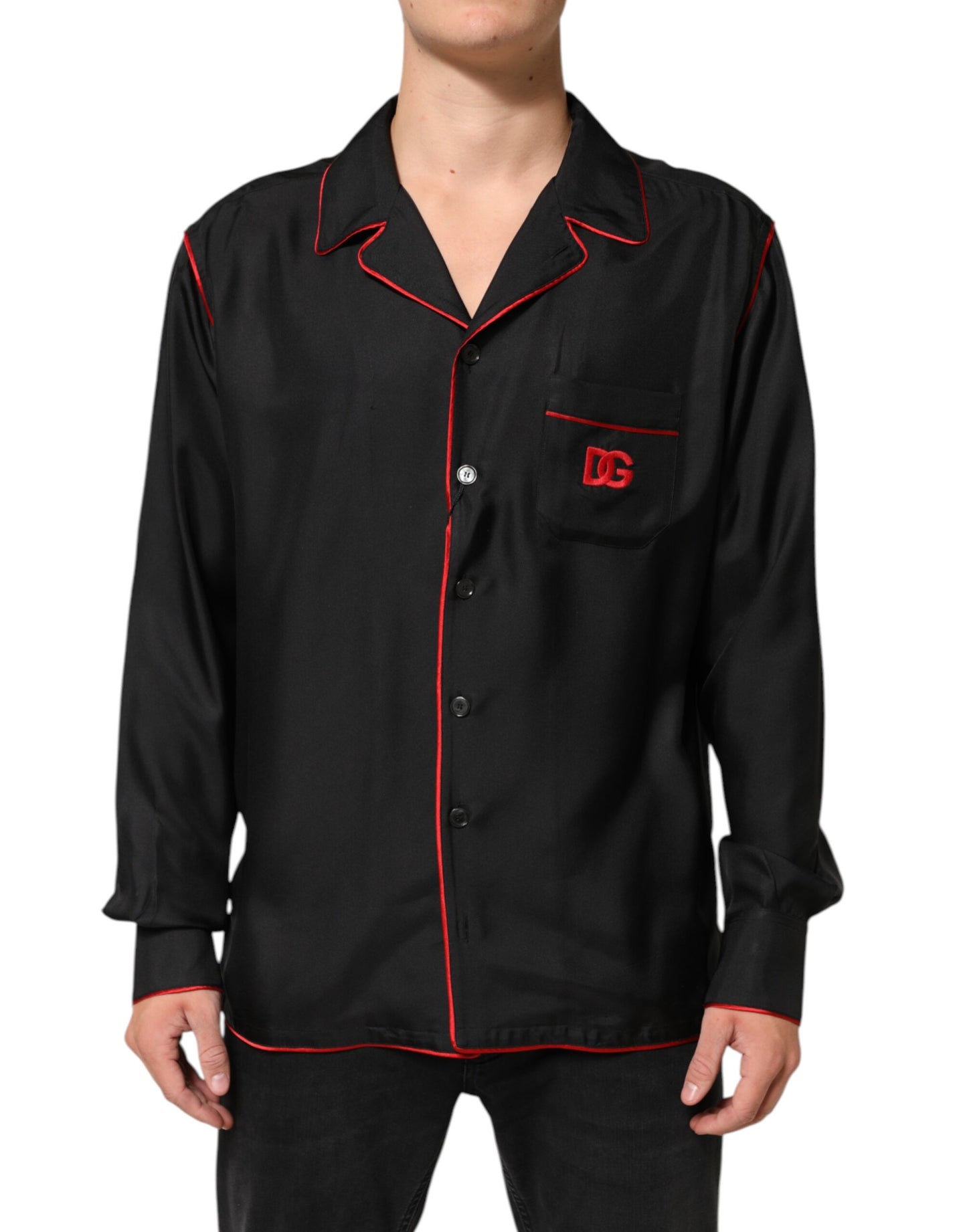 Dolce & Gabbana Black Red Contrast Trim Silk Casual Shirt Dolce & Gabbana