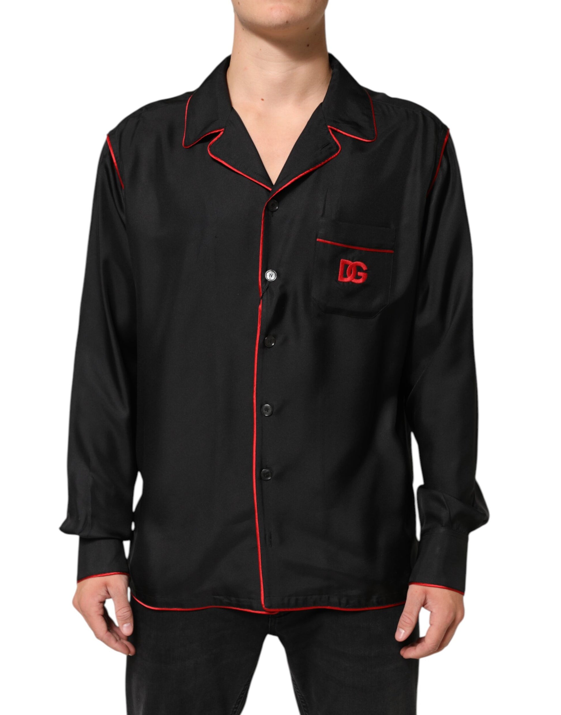 Dolce & Gabbana Black Red Contrast Trim Silk Casual Shirt Dolce & Gabbana