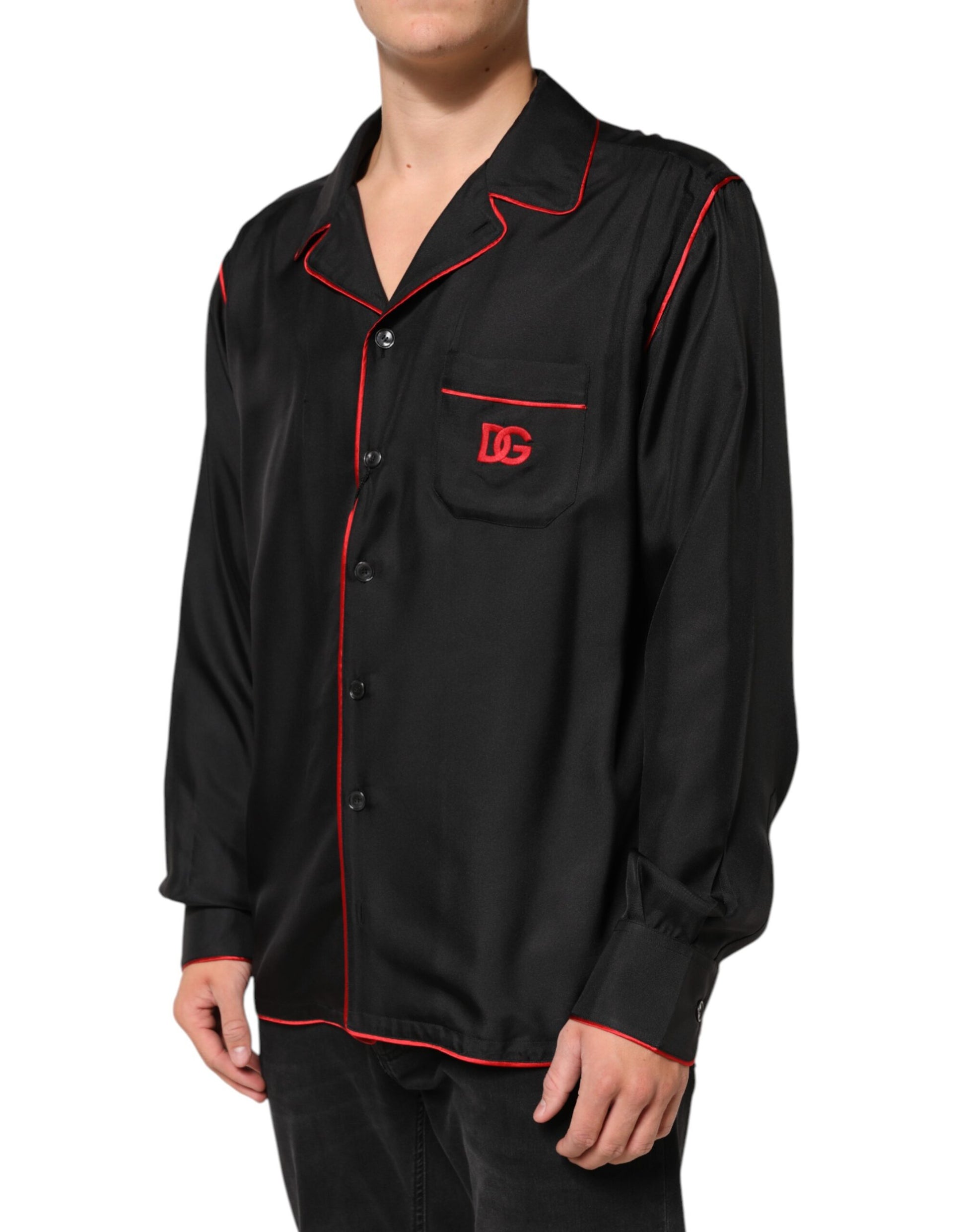 Dolce & Gabbana Black Red Contrast Trim Silk Casual Shirt Dolce & Gabbana