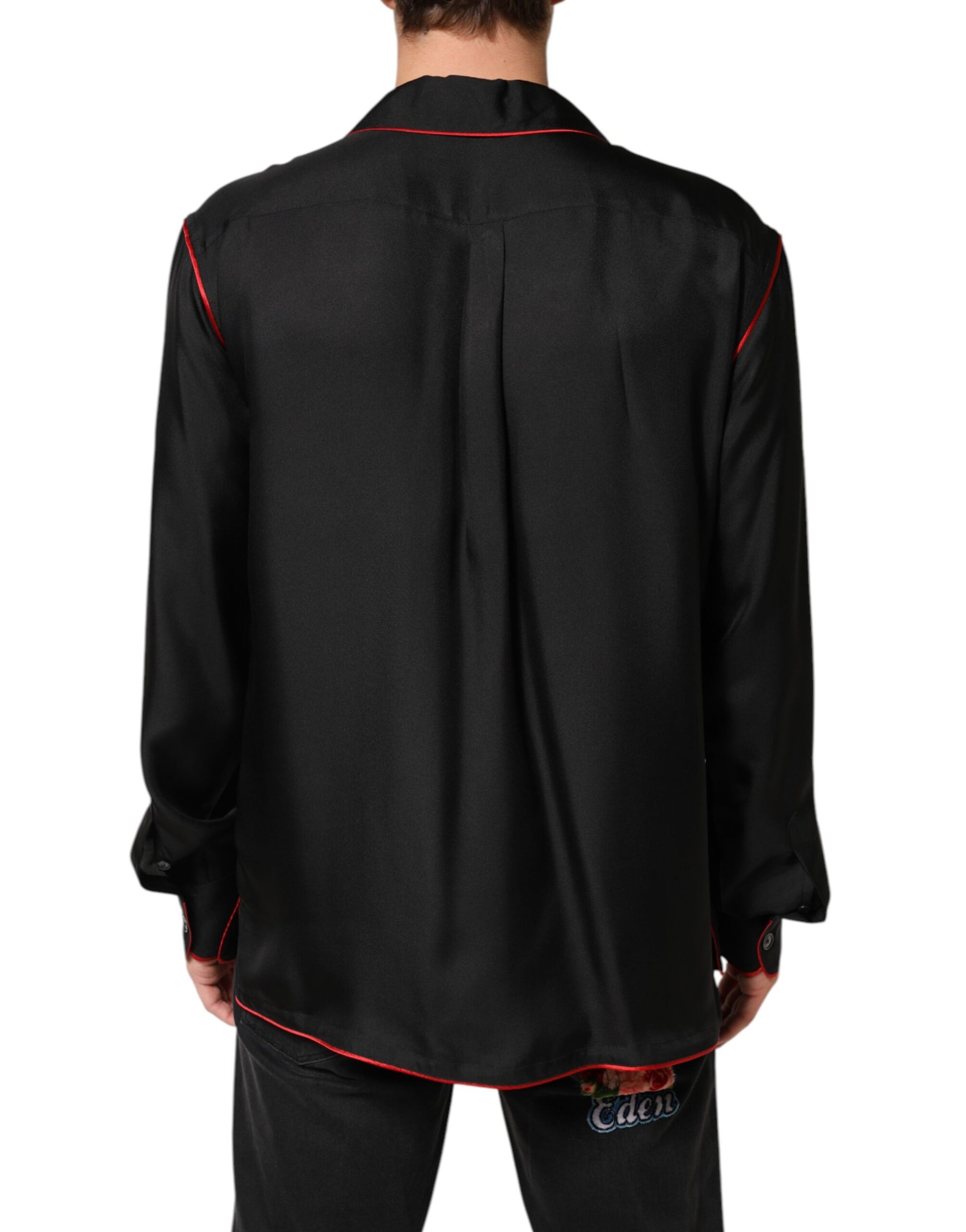 Dolce & Gabbana Black Red Contrast Trim Silk Casual Shirt Dolce & Gabbana