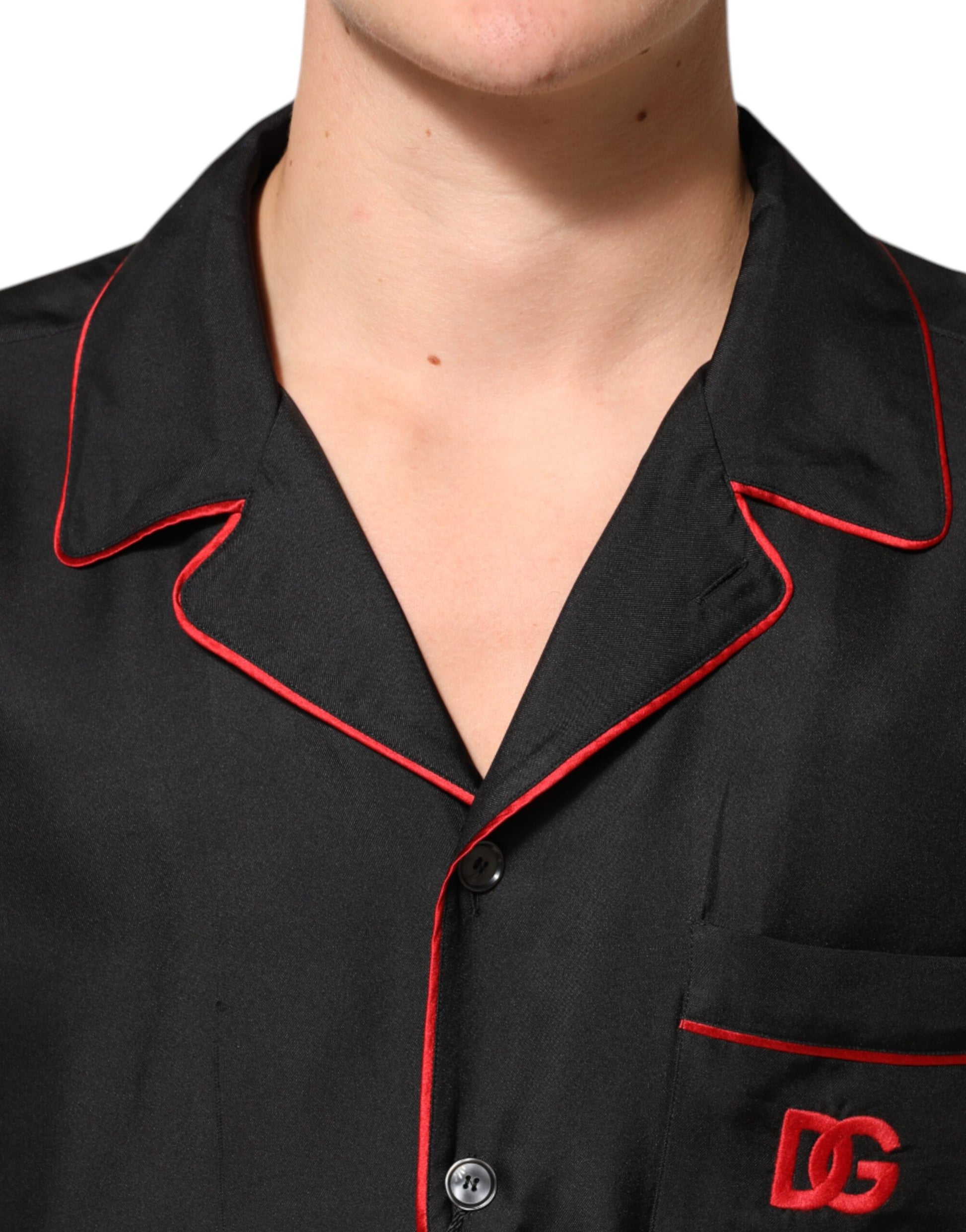 Dolce & Gabbana Black Red Contrast Trim Silk Casual Shirt Dolce & Gabbana