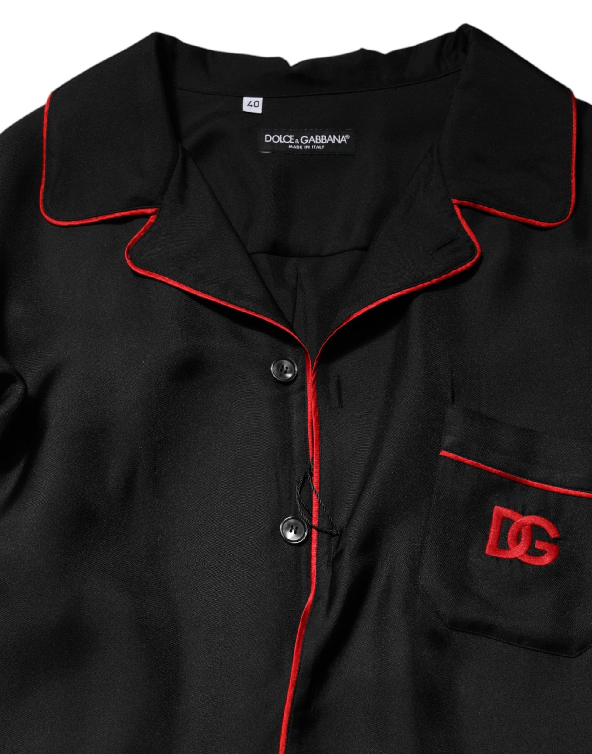 Dolce & Gabbana Black Red Contrast Trim Silk Casual Shirt Dolce & Gabbana