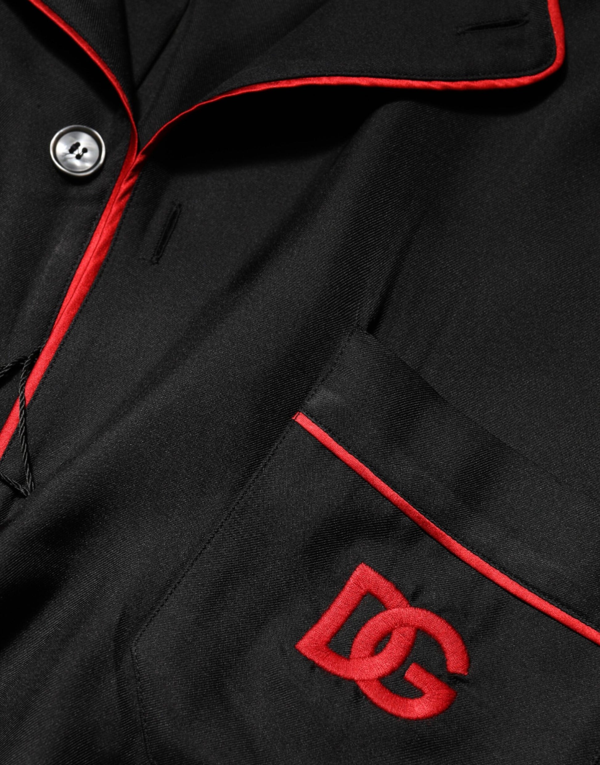 Dolce & Gabbana Black Red Contrast Trim Silk Casual Shirt Dolce & Gabbana