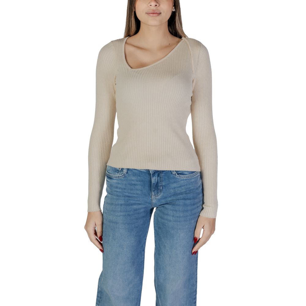 Beige Vila Clothes viscose sweatshirt with a relaxed fit and long sleeves, displayed on a hanger.