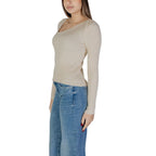 Beige Vila Clothes viscose sweatshirt with a relaxed fit, featuring a round neckline and long sleeves.