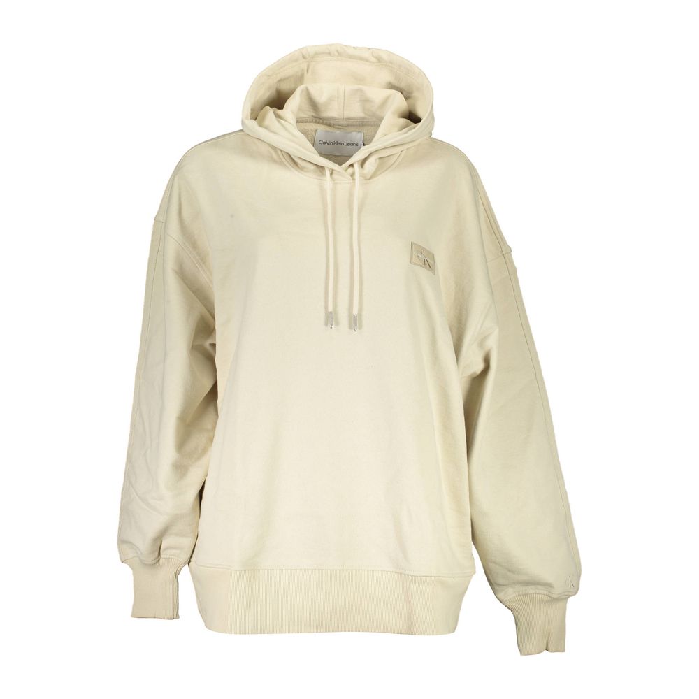 Calvin Klein beige recycled cotton women’s hoodie with a relaxed fit and hood, front pocket, and minimalist design.