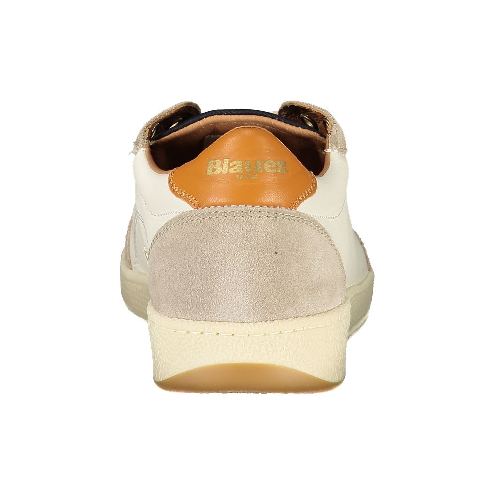 White leather men's sneaker by Blauer, featuring a sleek design and lace-up closure, ideal for casual and sporty looks.