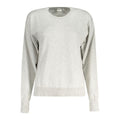 Pepe Jeans gray cotton women's sweater displayed on a hanger, showcasing a casual, comfortable knit with long sleeves and a round neckline.