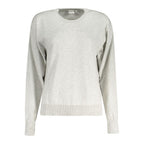 Pepe Jeans gray cotton women's sweater displayed on a hanger, showcasing a casual, comfortable knit with long sleeves and a round neckline.