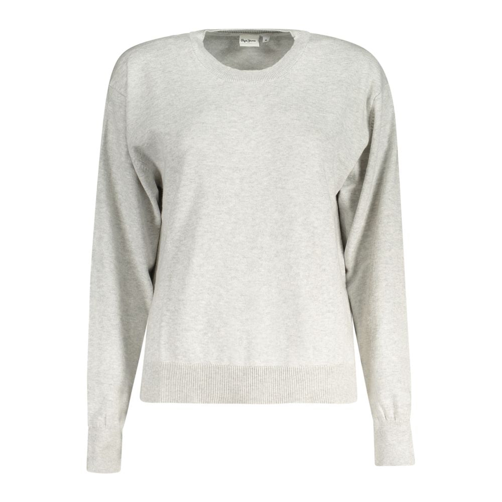 Pepe Jeans gray cotton women's sweater displayed on a hanger, showcasing a casual, comfortable knit with long sleeves and a round neckline.