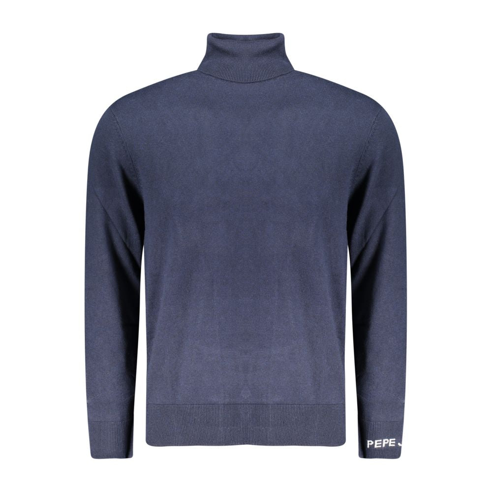 Pepe Jeans blue cotton men's turtleneck sweater displayed on model, showcasing classic fit and soft knit texture.