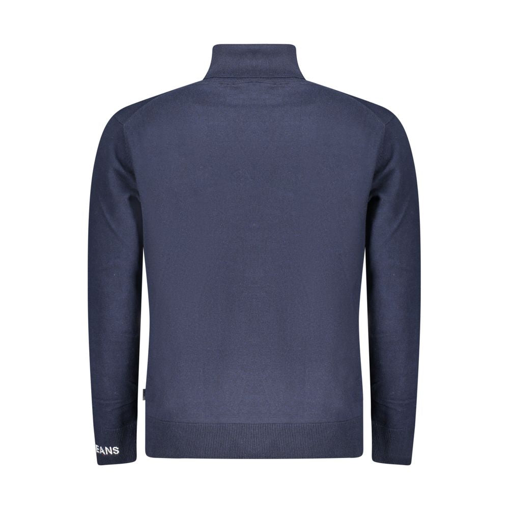 Pepe Jeans blue cotton men's turtleneck sweater displayed on a hanger, showcasing its classic style and soft fabric.