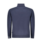 Pepe Jeans blue cotton men's turtleneck sweater displayed on a hanger, showcasing its classic style and soft fabric.