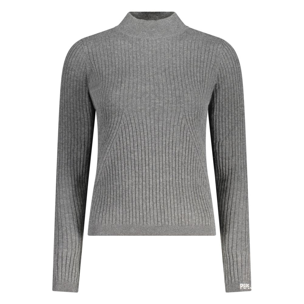 Pepe Jeans gray cotton women's sweater displayed on a hanger with a textured background.