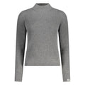 Pepe Jeans gray cotton women's sweater displayed on a hanger with a textured background.