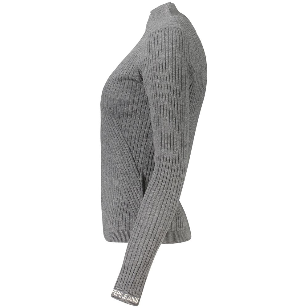 Pepe Jeans gray cotton women's sweater displayed on a hanger with a textured background.