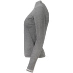 Pepe Jeans gray cotton women's sweater displayed on a hanger with a textured background.