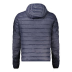 Cavalli Class Blu polyester men's jacket with front zipper and stand collar, stylish outerwear for casual or formal wear.